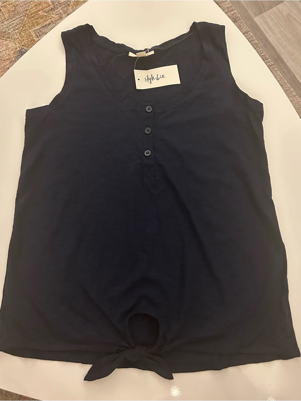 Style & Co. Navy Sleeveless Henley Tank with Front Tie